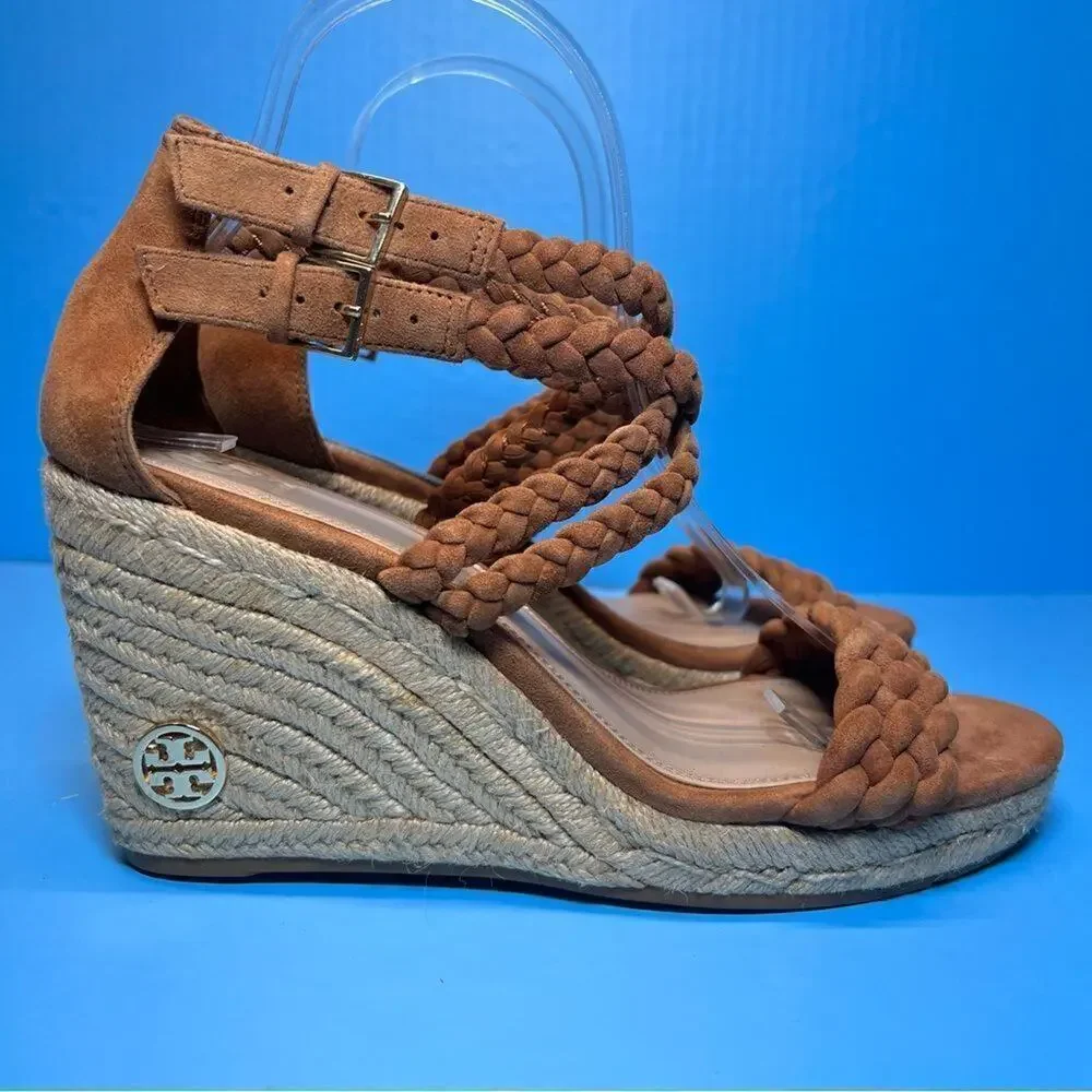 Tory Burch Bailey Braided Ankle SOHO Lux Suede Espadrille Wedge Sandals Womens 9